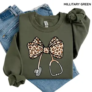 Gildan Nurse Leopard Bow Sweatshirt, Stethoscope Bow Sweater, Coquette Nurse, Healthcare Sweater, Nurse Appreciation Gift, Cozy RN Crewneck