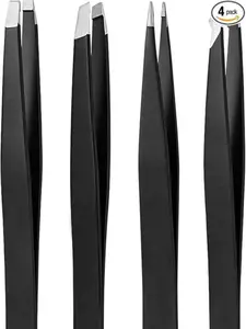 Tweezers Set, High Precision Stainless Steel Eyebrow Tweezers for Facial Hair, Inward Growing Hair and Splinter Remover Kit, Suitable for Women and Men, 4-Piece Set. (Black)