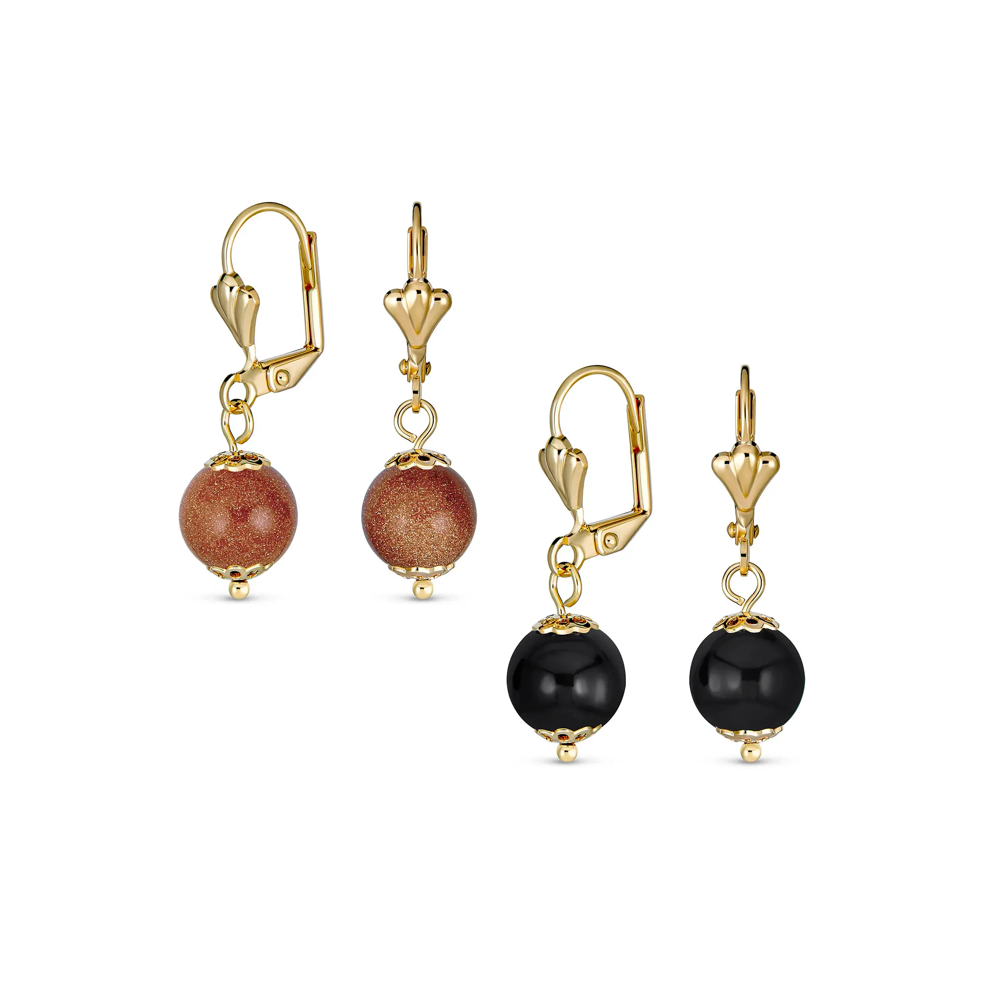 Chic Brown Black Gemstone Ball Drop Earrings Gold Plated Lever Back (2 Set)