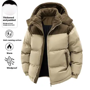 Winter Hooded Casual Fleece-Lined Men's Coat with Removable Hood Warm Color-Blocked Cotton Jacket for Couples Windproof & Machine Washable Outerwear Top Menswear Stylish