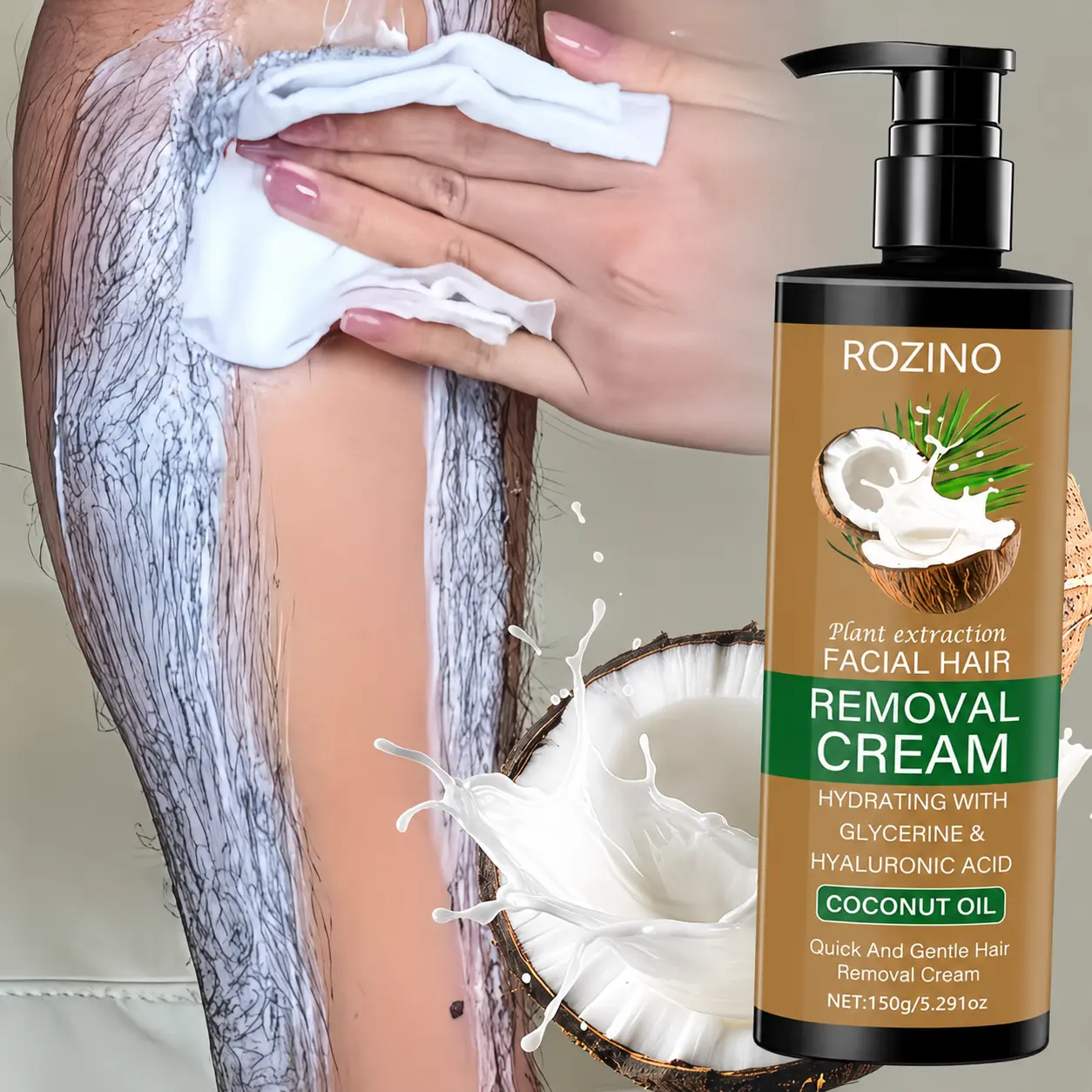 ROZINO Coconut Oil Hair Removal Cream for Women, Gentle Body Depilatory Cream for Legs, Arms & Underarms, Moisturizing Smooth Skin Formula, 150g
