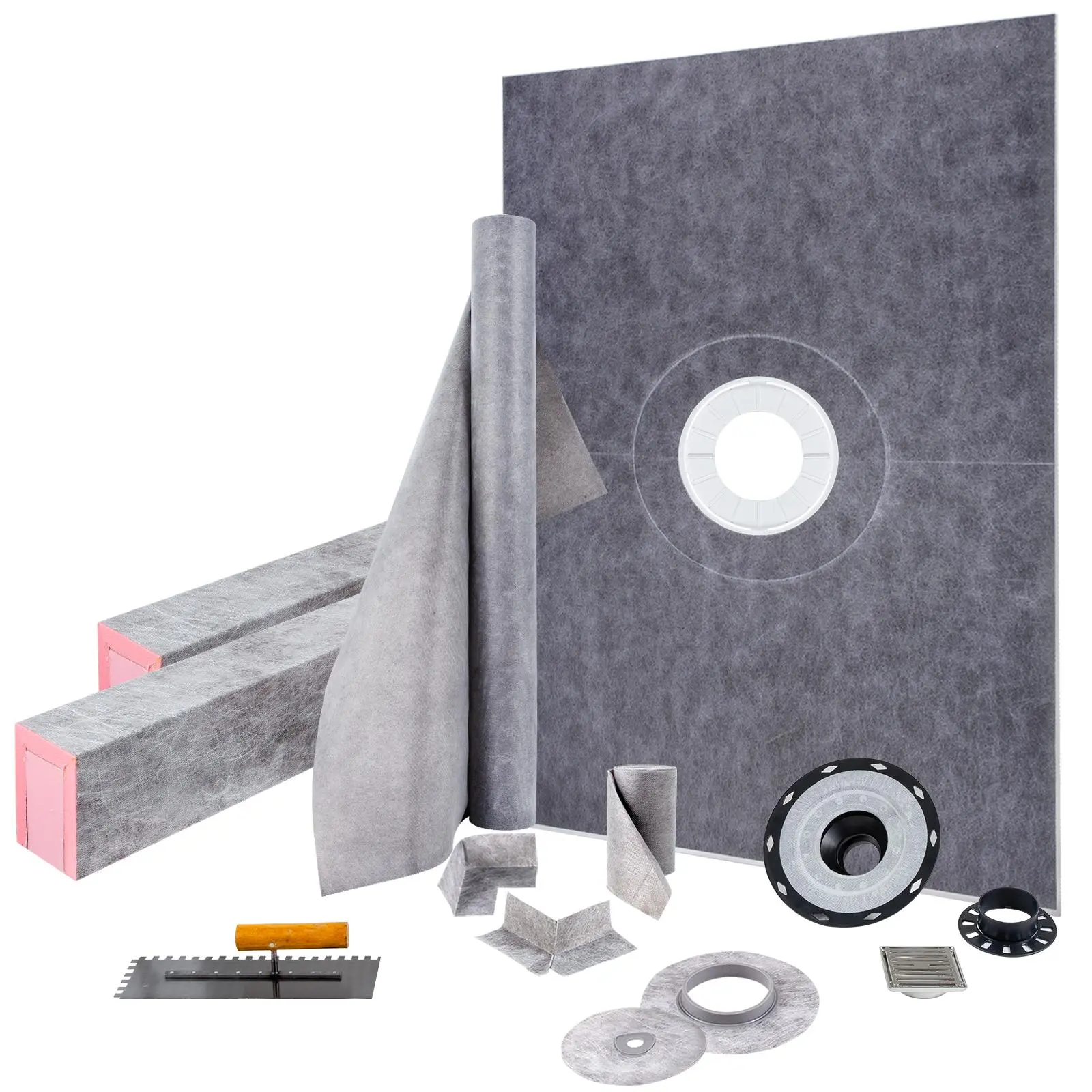 【SummerFinds】VEVOR Shower Curb Kit,  , 38\"x60\" Watertight Shower Curb Overlay with 4\" PVC Central Bonding Flange, 4\" Stainless Steel Grate, 2 Cuttable Shower Curb and Trowel, Shower Pan Slope Sticks Fit for Bathr
