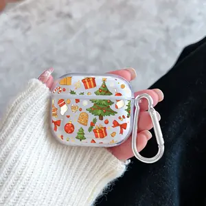Christmas Colorful Stories Pattern Protective Case for AirPods 4/3/2/1/Pro/Pro2 Soft TPU Earphone Cover, Transparent with Keychain