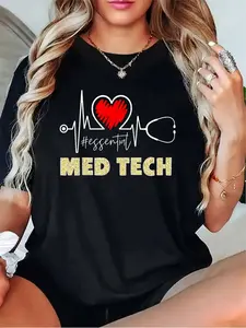 Women'S T-Shirt - Essential & Stethoscope Graphic with Heartbeat Line & MED TECH Lettering - -Themed Casual Round Neck Short Sleeve Top for Aspiring Professionals - All-Season Fit (Black/Grey/White/Dark Red)
