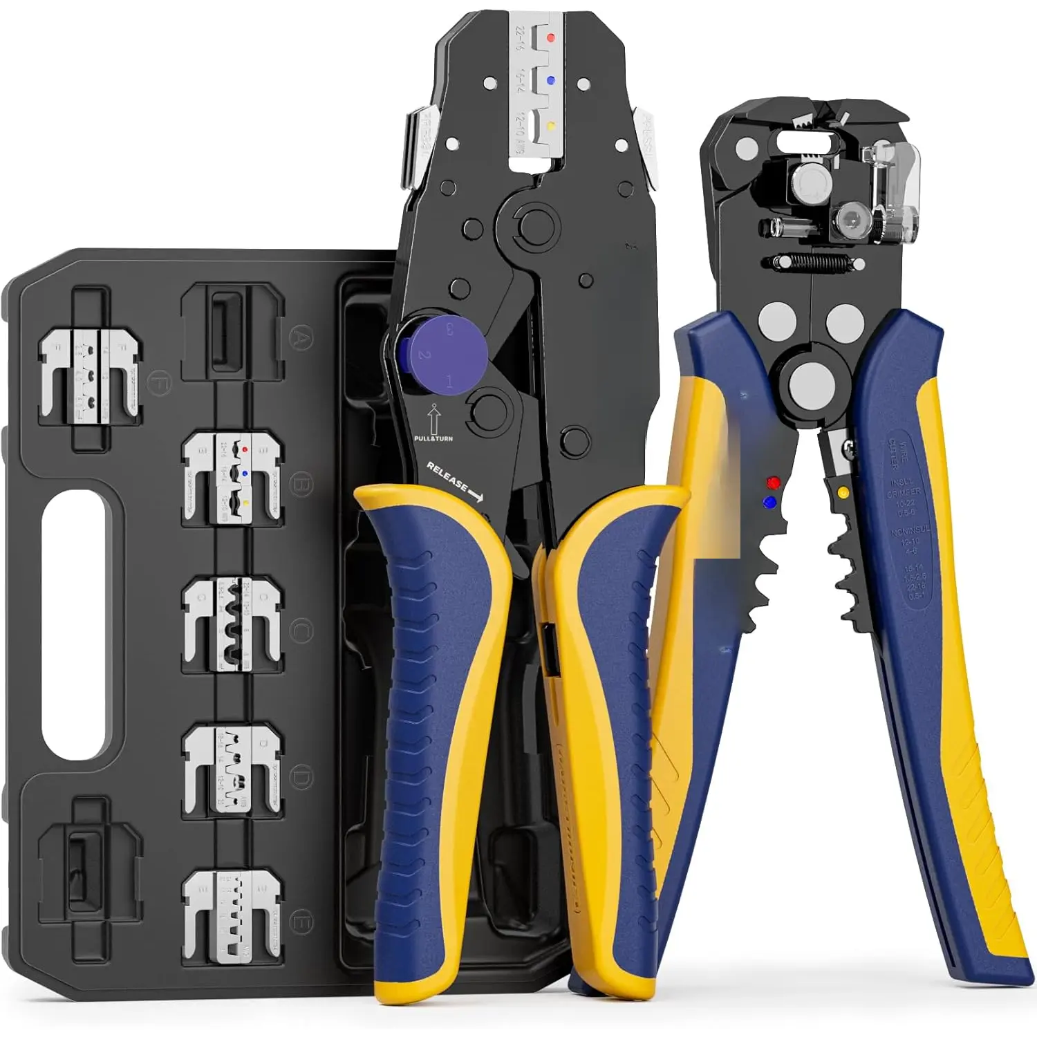 8 count Rapid Replace Ratchet Crimping Tool Set with  Regulating, Automatic Wire Stripper Heat Shrink, Non-Insulated, Open Barrel, Solar, Ferrule Connectors