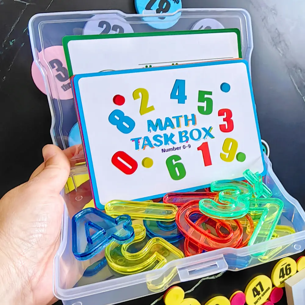 Math Task Box Set Kindergarten Elementary Numbers 0-9 Learning with Cards and Math Signs Counting Writing Number Math Manipulatives for Kids Math Learning Tools Learning Materials Math Teaching Aid