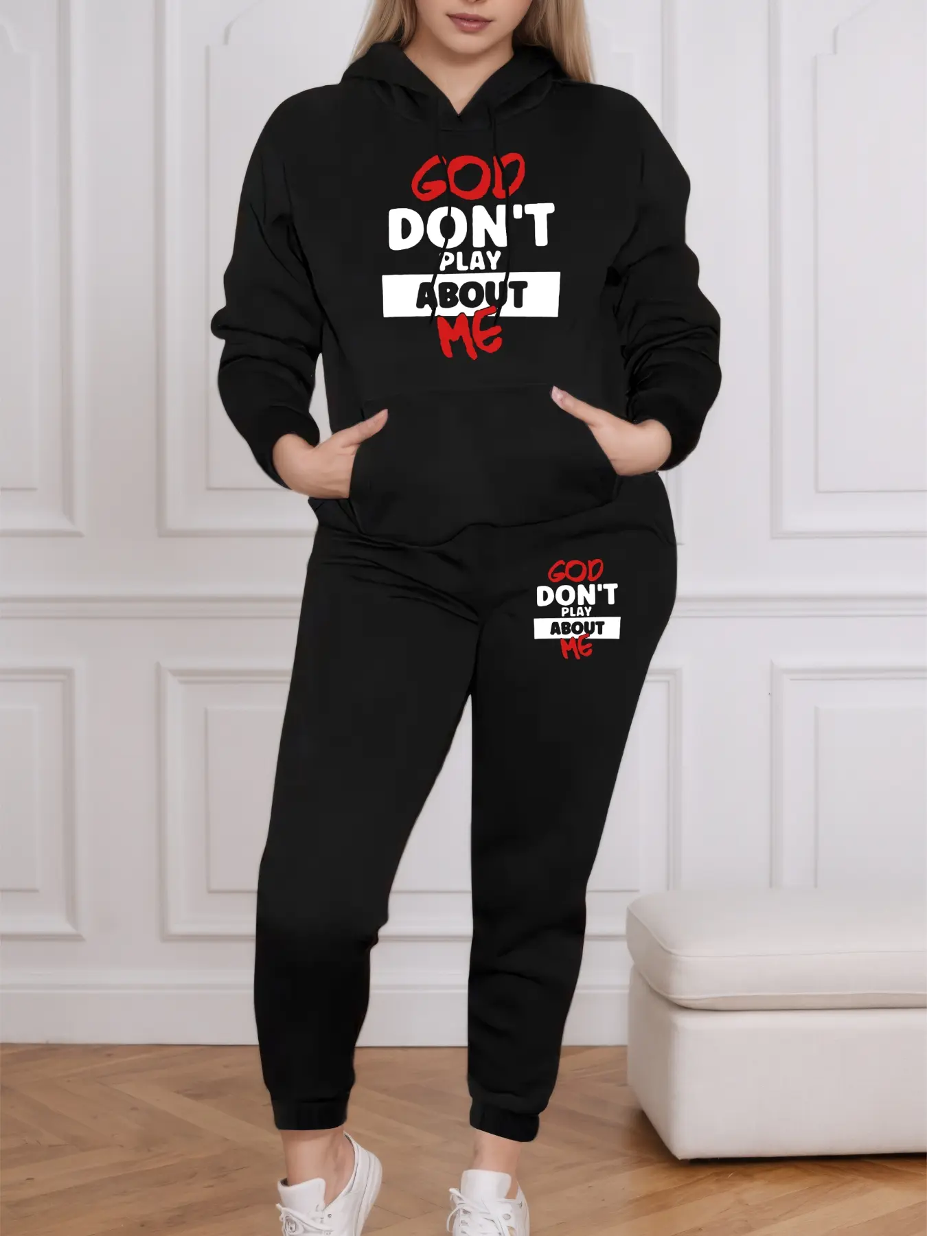 Women's Plus Size Hoodie Set, God Don't Play About Me Letter Print, Fashion Casual Streetwear Long Sleeve Sweatshirt & Pants Two-Piece Outfit