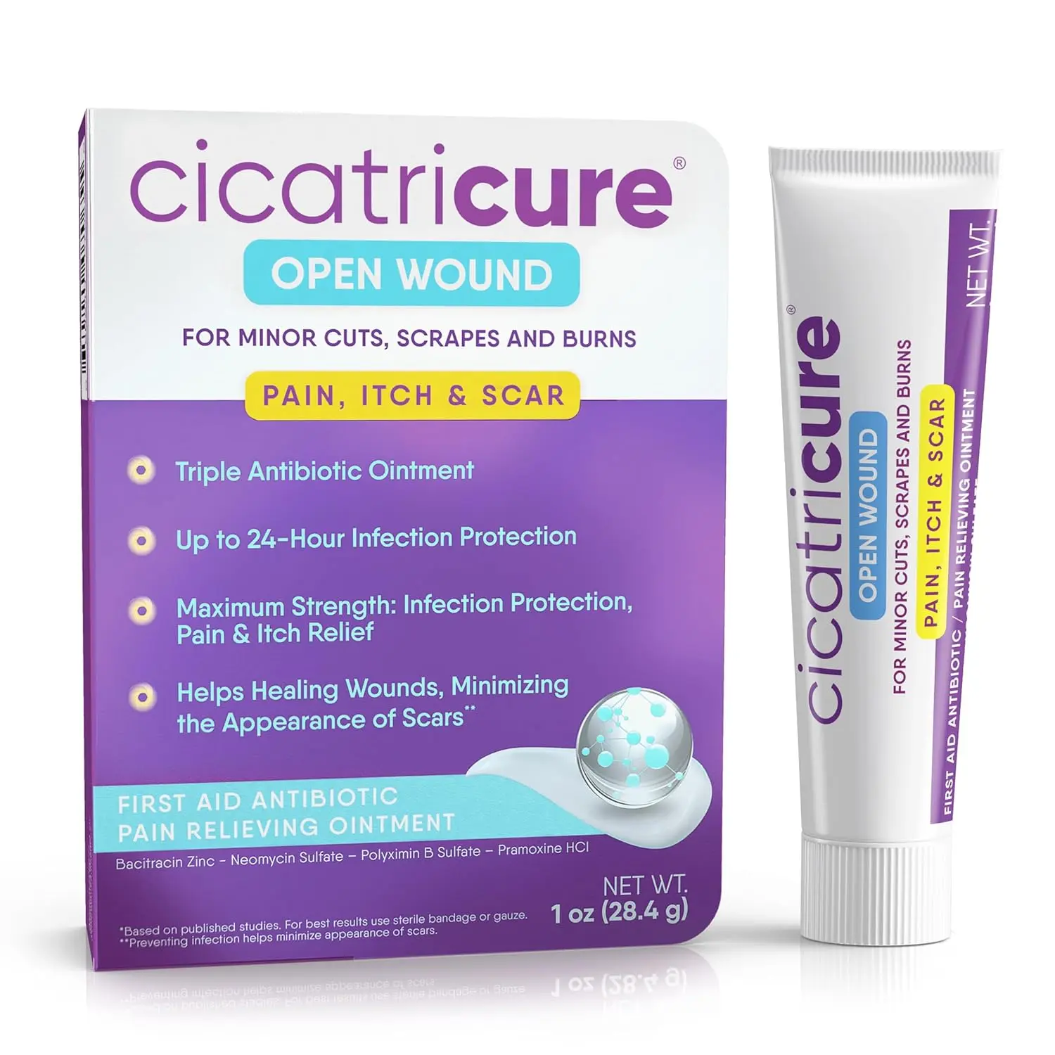 Cicatricure Open Wound Care, First Aid Ointment, Effective Emergency Kit Relief for Minor Cuts, Triple Ointment with Bacitracin, Healthcare, 1 oz, Pack of 1