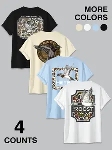 Camouflage Tail Duck Print Multicolor Short Sleeve T-Shirt Man, American Vintage Hunting Style Casual Top, Fitted Long Clothing