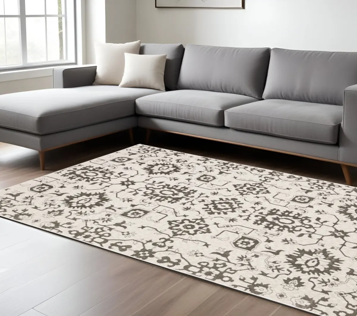 HomeRoots 10'x13' Traditional Oriental Rectangle Cozy Area Rug - Home Decor, Decorative, Ivory & Gray Neutral Tones, Stain-Resistant Machine-Washable Powerloomed Polyester, 360-Stand, Indoor Living Room Use