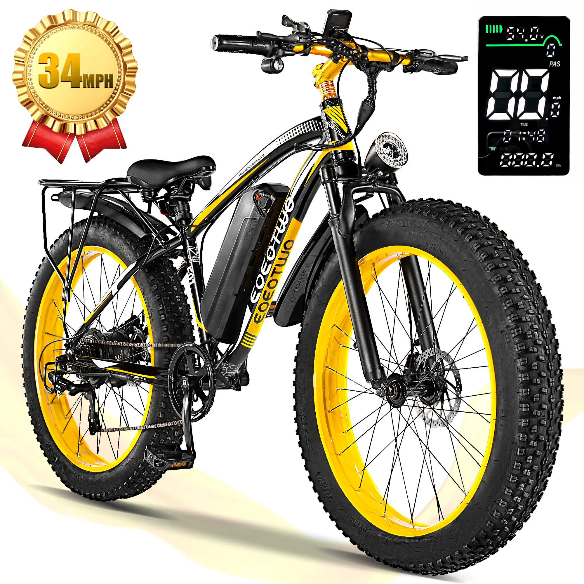 EOEOTWO adult electric bicycles, with peak power of 1500 watts, equipped with front suspension and 7-speed transmission system, detachable battery, aluminum frame, with a range of up to 60 miles, 34MPH ，26 * 4-inch step-through commuter electric bicycle.