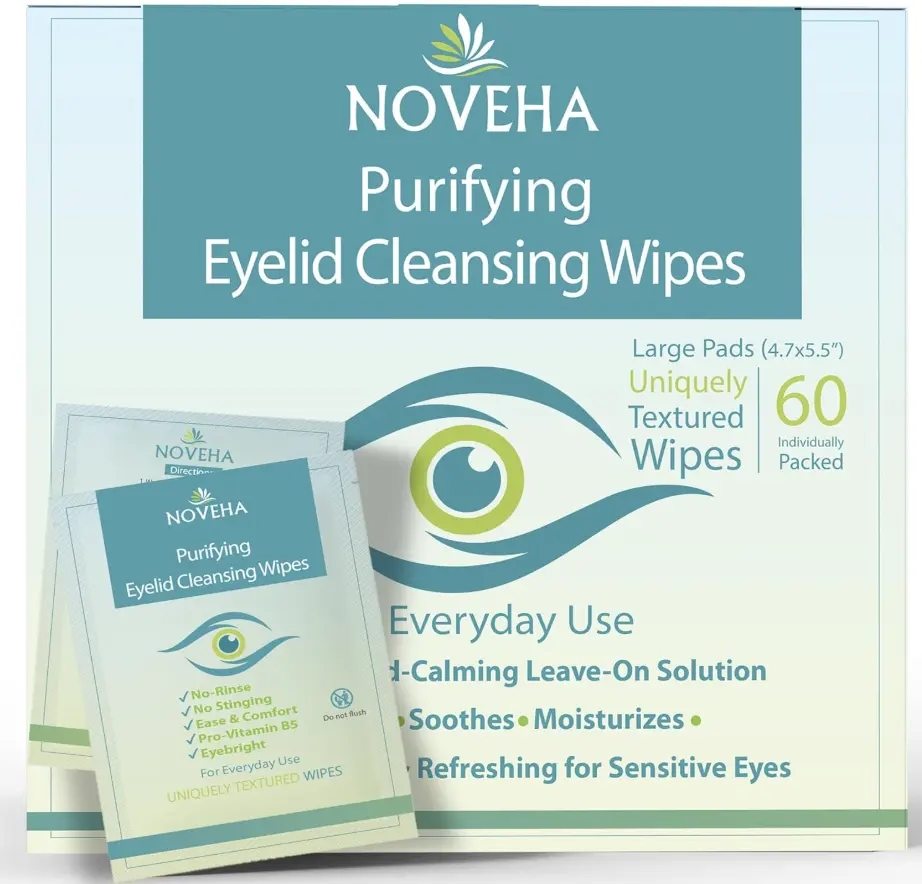 NOVEHA Eyelid & Lash Wipes – Gentle Daily Cleansing for Sensitive Eyes (60 ct)