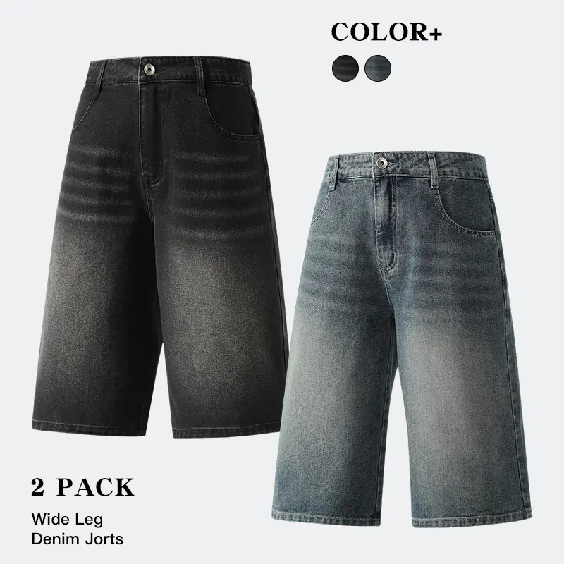 Men's 2-Pack Gradient Washed Wide Leg Denim Jorts - Vintage Faded Loose Knee-Length Capris, Oversized Unisex Casual Streetwear for Summer Daily Walking, Hip Hop, All Seasons