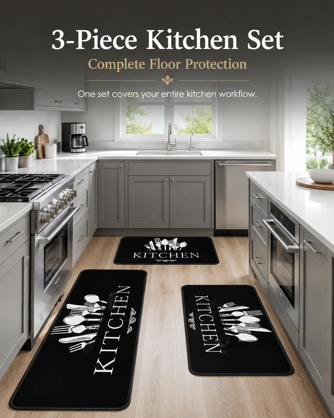3-Piece Kitchen Mat Set – Easy-Clean Floor Rugs for Kitchen & Hallway | Modern Home Decor Kitchen Accessories | Stylish Absorbent Area Rug Set for Everyday Use
