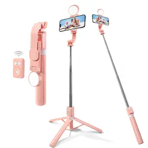 Selfie Stick Tripod with Fill Light & Wireless Remote, Extendable Phone Stand for iPhone/Samsung, Compact Lightweight Travel Tripod with Flexible Holder Smartphone Bluetooth tripod for iphone