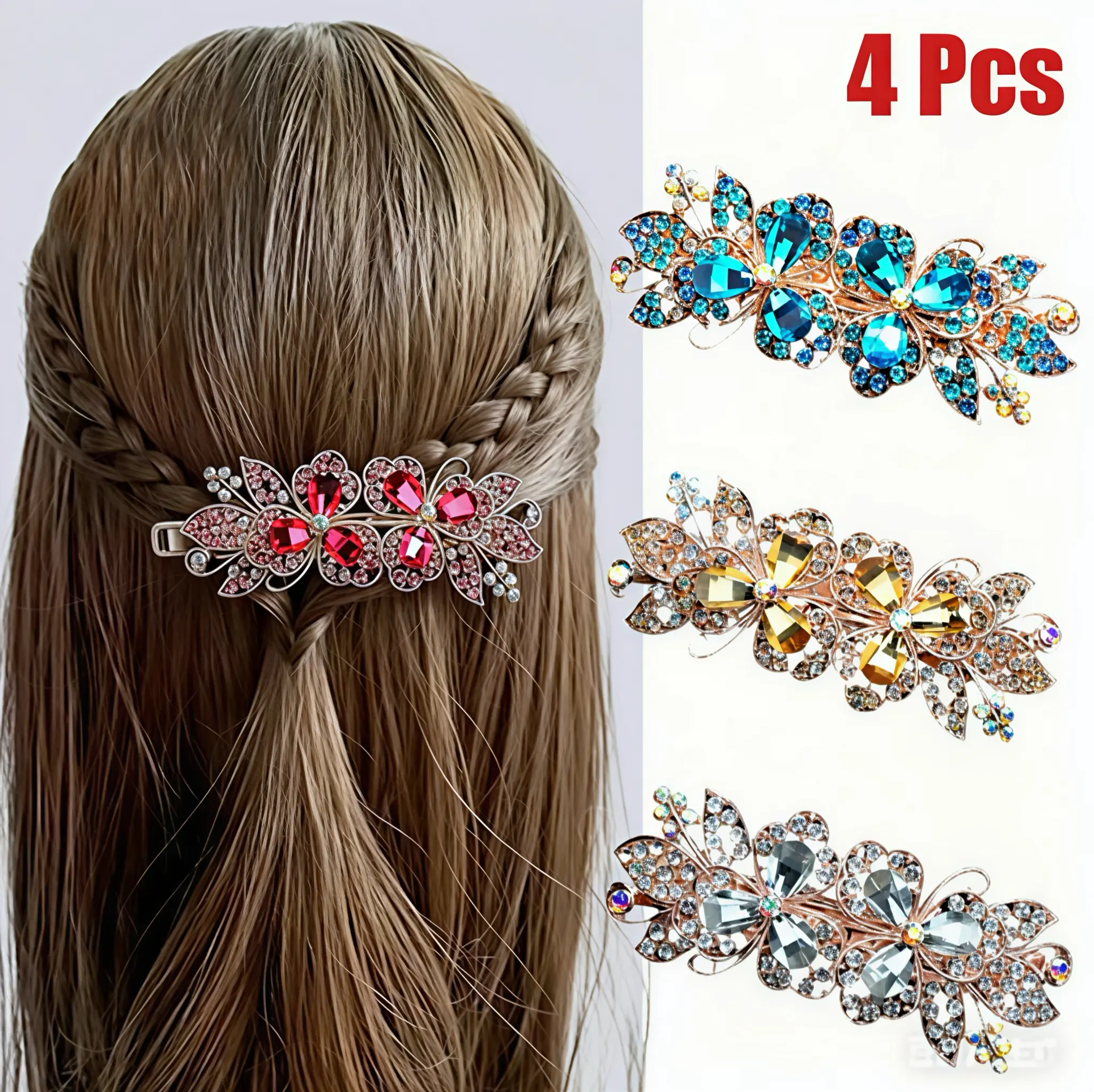 Women's Rhinestone Hair Clips - 4-Pack Elegant Back-of-Head Hairpins, Ponytail Hair Accessories, Perfect Mother's Day Gifts & Womens Gifts for Mom, Hair Decor