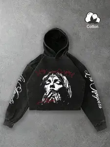 Unisex style, streetwear casual "Praying Virgin Mary" and graphic biblical scripture lettering distressed washed cotton fitted hooded sweatshirt tops, Cotton Long Sleeve Pullover, Faith Culture, Y2K Style, Perfect Gift for Friends