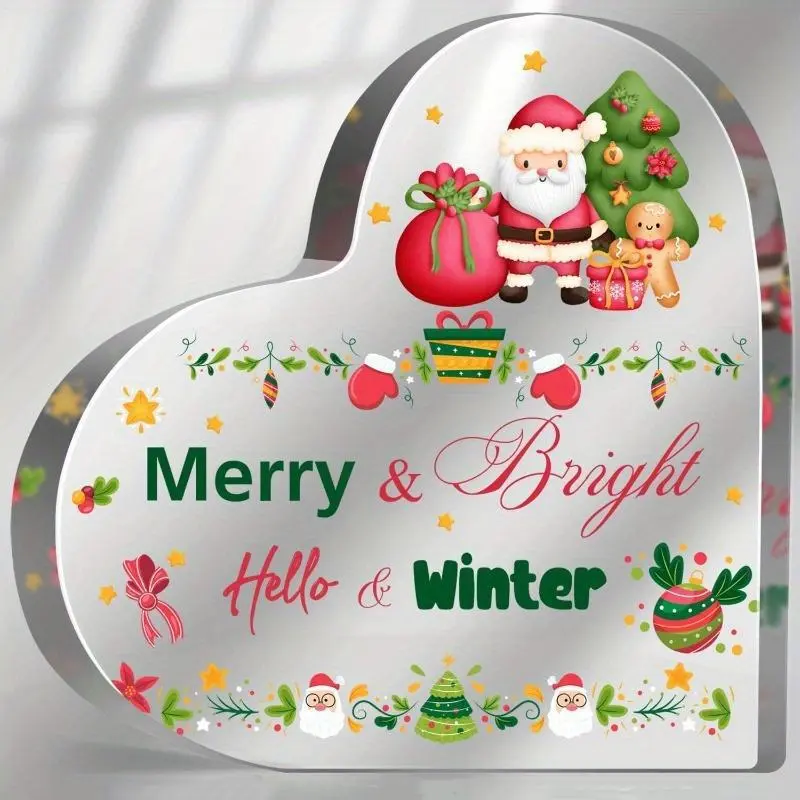 Santa Claus & Gingerbread Man Design Acrylic Plaque, Creative Heart Shaped Desktop Ornament, Christmas Decor for Table Desk Shelf, Home Decor