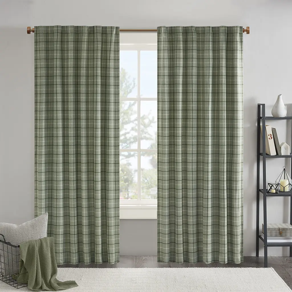 Madison Park Single Panel Cozy Cabin Plaid Curtains - 50x95in Heavy Weight Green Checked Anaheim Plaid Fleece Lined Polyester Window Covering, 0.13in Thickness, Rod Pocket & Back Tab, Thermal Insulation, Machine Washable, Light Filtering