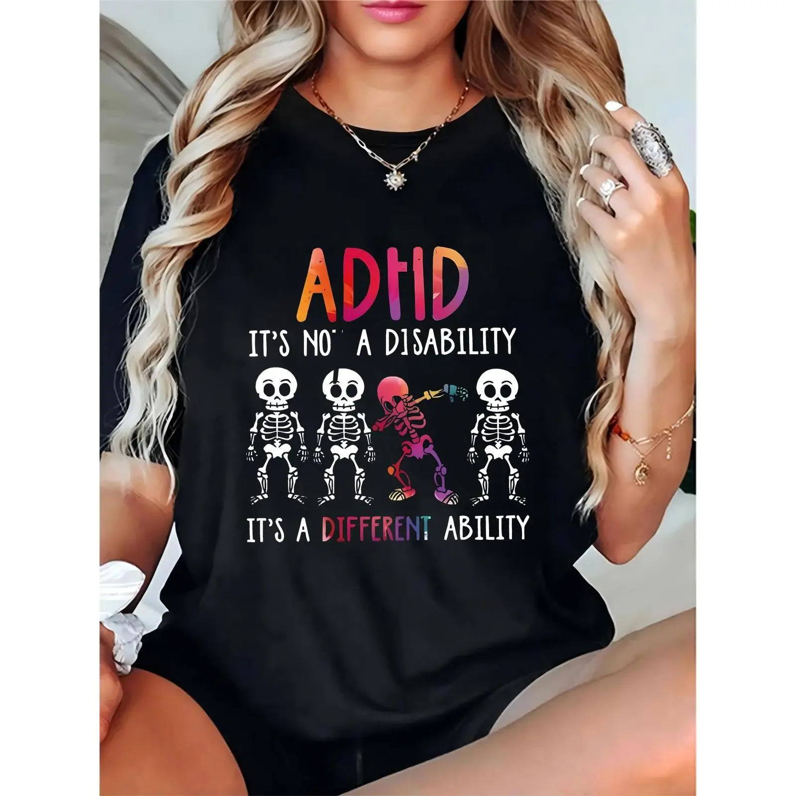 Women's Comfortable Regular Fit T-Shirt with ADHD Skeleton Graphic, 100% Cotton Shortsleeve Basic Top for All-Day Casual & Party Wear, Ladies, Essential, Prints, Elegant, Feminine