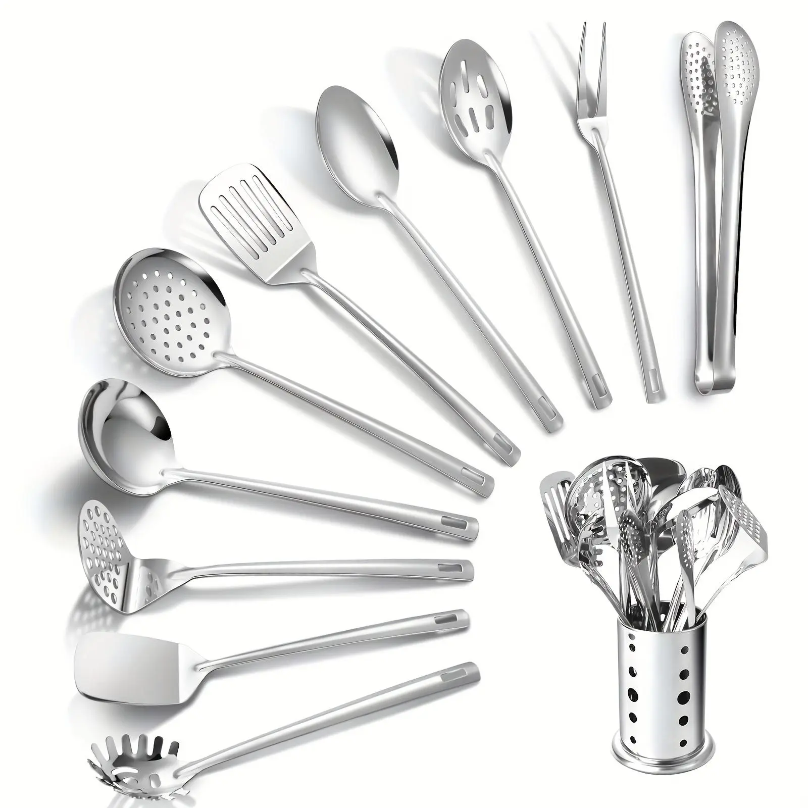 10-11-Piece Premium Stainless Steel Silvery Kitchen Utensil Set with Holder, Assorted Cooking Spoons Included - Large Soup Ladle, Rice Spoon, Strainer, Spatula, Meat Tongs, Potato Masher, Dough Scraper, Large Fork, Cooking Spoons Premium Stainless Steel