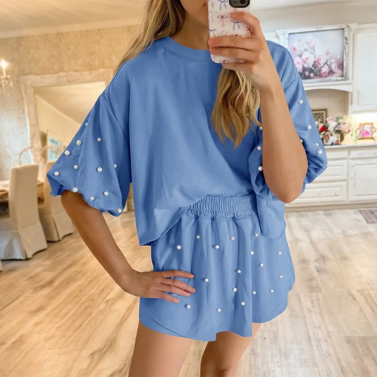 Fisoew Womens 2 Piece Pearl Decor Puff Sleeve Loungewear Set Oversized Short Sleeve Top Shorts Soft Knit Casual Set for Daily Wear Gamis Womenswear Women's Clothes, 2 Piece Sets,summeroutfits,vacationoutfits #Summerwins #DealsForYouDays