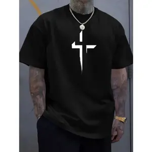 Cross Creative Print Men's Casual T-Shirt, Summer Fashion Crew Neck Short Sleeve Top, Modern Streetwear Style For Men Made In USA