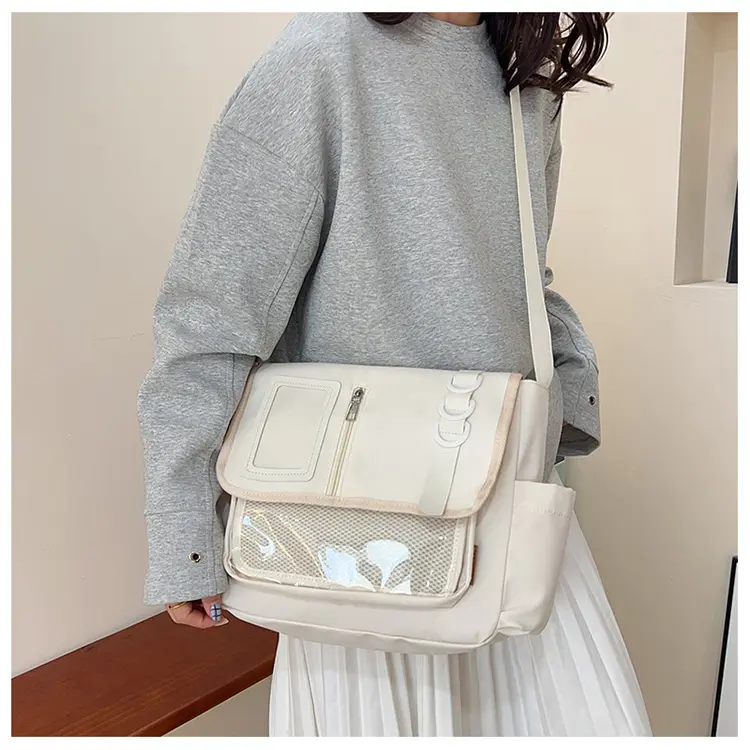 Cute Canvas Crossbody Messenger Bag with Clear Window Pocket, Adjustable Wide Strap Large Capacity Nylon Shoulder Bag, Multi Pocket Casual Daypack for Students School Daily Commute Outdoor Walks