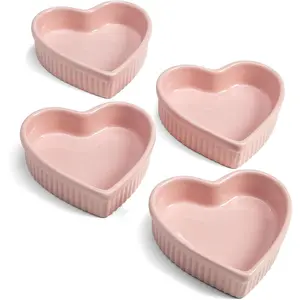 4-Piece 3oz Pink Heart Shaped Ceramic Ramekin Set, Oven-Safe Heat Resistant Stoneware Bakeware Dishes, PFOA-Free, Dishwasher Safe