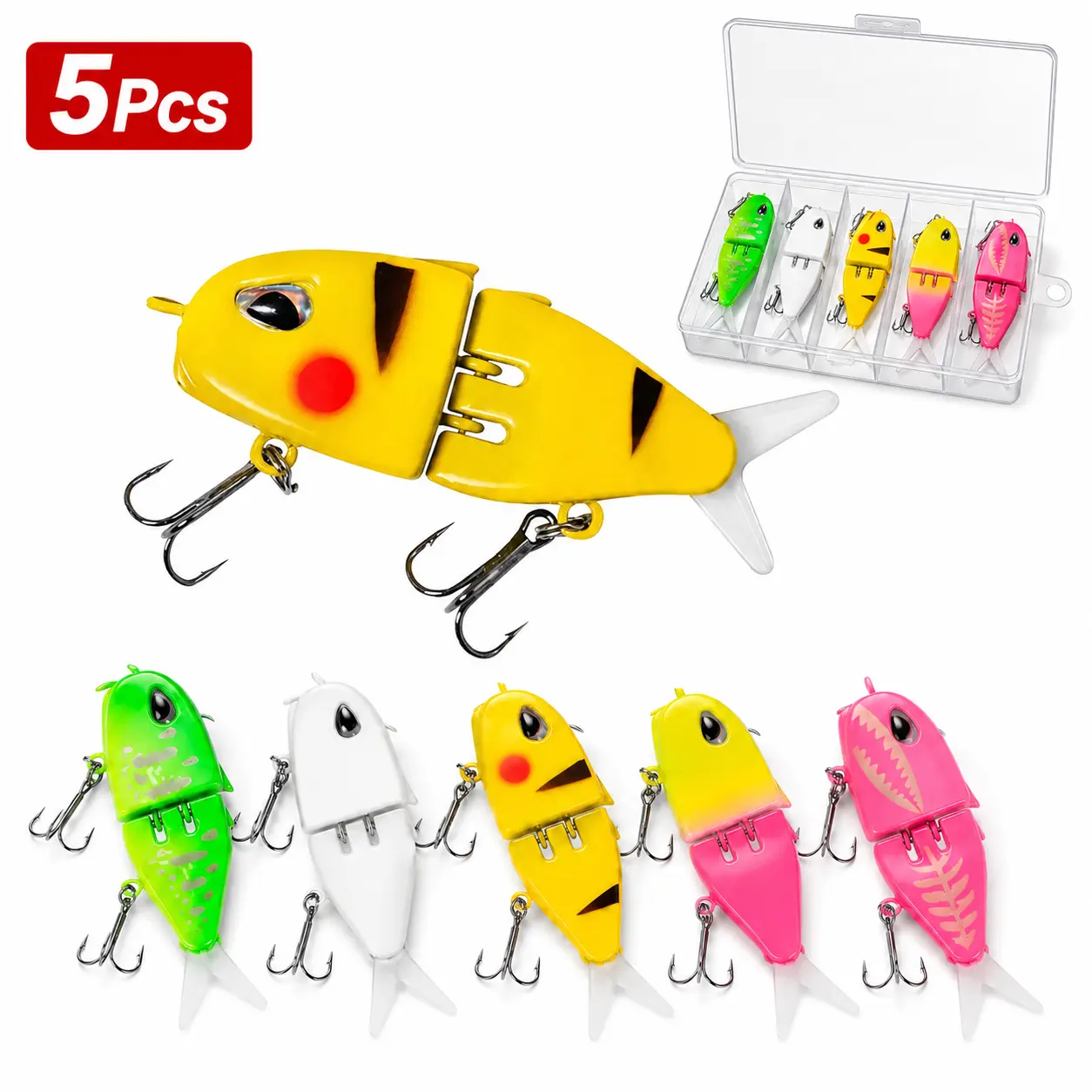 5-Pack Mini Glide Bait, Slow Sinking Multi-Jointed Hard Lure with Soft Tails & 3D Realistic Eyes, Top Water & Glide Action, Wide S Motion, Soft Rubber Fins, Pike, Swimbait Wobbler Fishing Tackle Gear for Anglers, Amazing Gifts