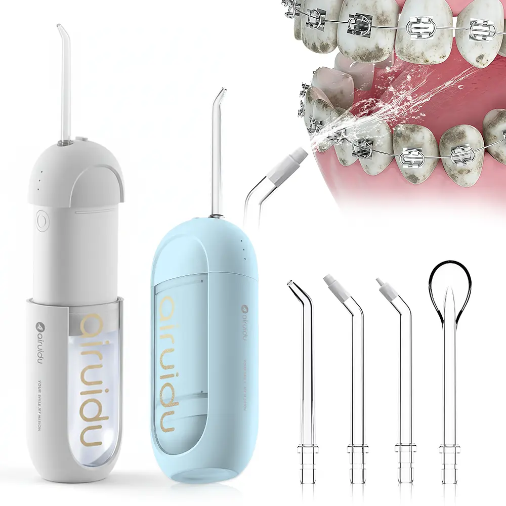 Airuidu CF560 Cordless Battery-Powered Water Flosser Oral Irrigator - Capsule Design, Sensitive Teeth Friendly, 4 Replaceable Nozzles, 3 Cleaning Modes, IPX7 Waterproof, for Orthodontic Patients, Home & Travel Use, Cavity Prevention Flosser, Abs, All