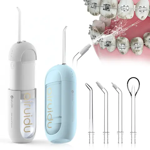 Airuidu CF560 Cordless Battery-Powered Water Flosser Oral Irrigator - Travel-Size Capsule Design, BPA-Free ABS, 150ml, 4 Removable Nozzles, 3 Cleaning Modes, IPX7 Waterproof, Retractable, USB Port, Gum Care, Sensitive Teeth & Orthodontic Patients Friendly