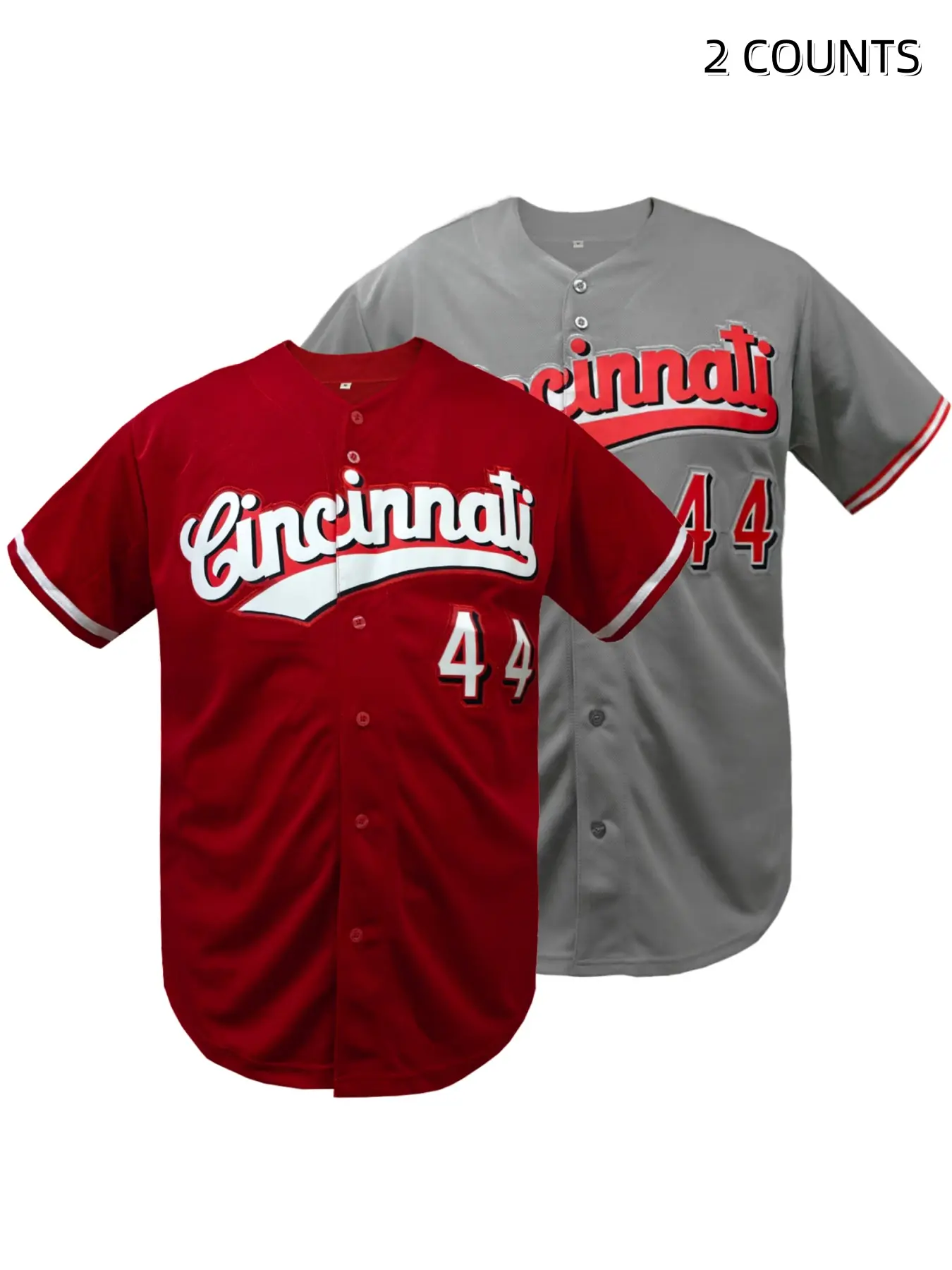 Unisex Cincinnati Baseball Jersey - Embroidered City Letter and Number 44, Button Down Casual Streetwear Shirt for Men Women, Red and Grey Options