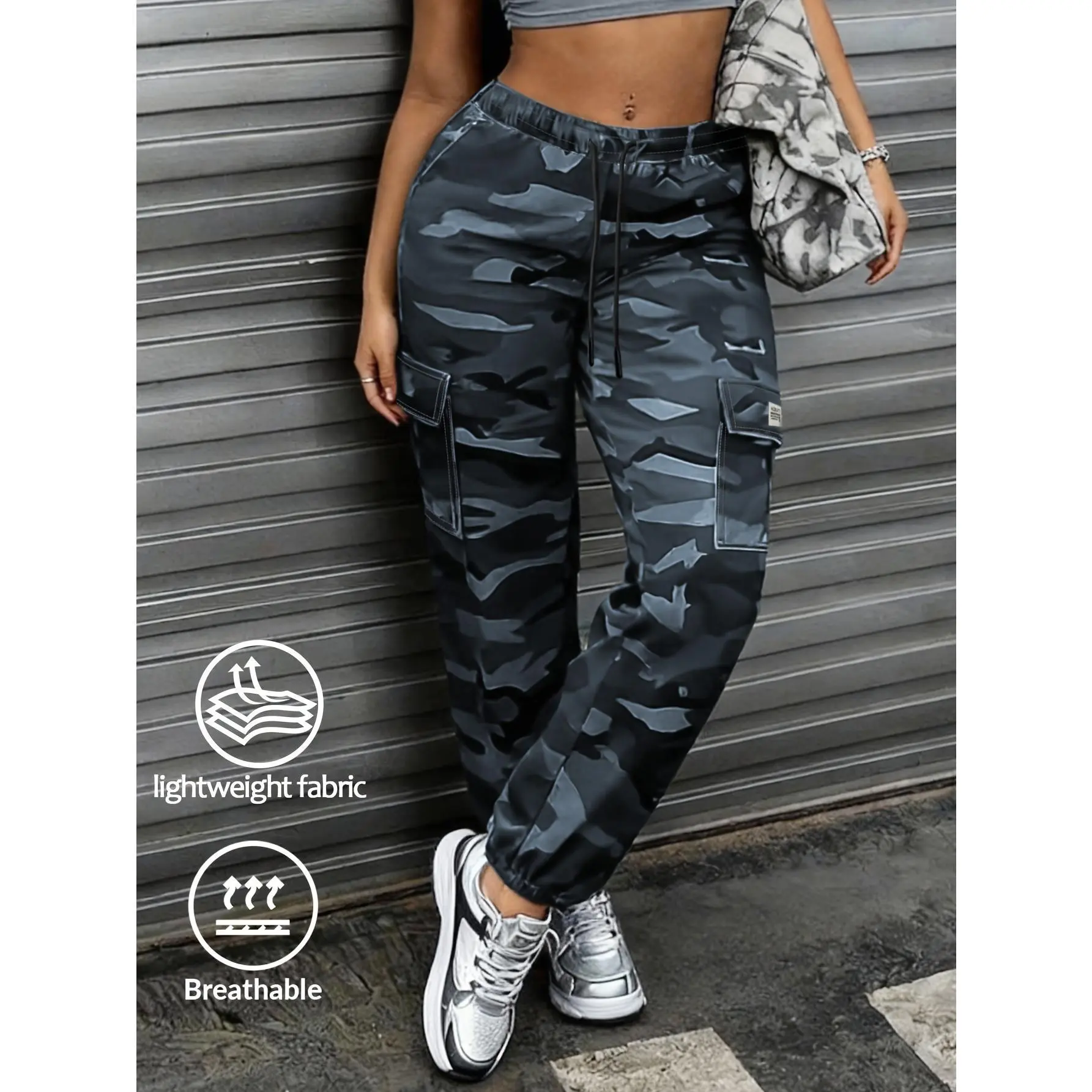 Women's Lady Camouflage Cargo Pants, Breathable Tapered Fit, Elastic Waist with Drawstring Belt, Utility Pockets, Casual Basic Trousers for Daily Leisure Sports & Outdoor Clothes | SummerVibes