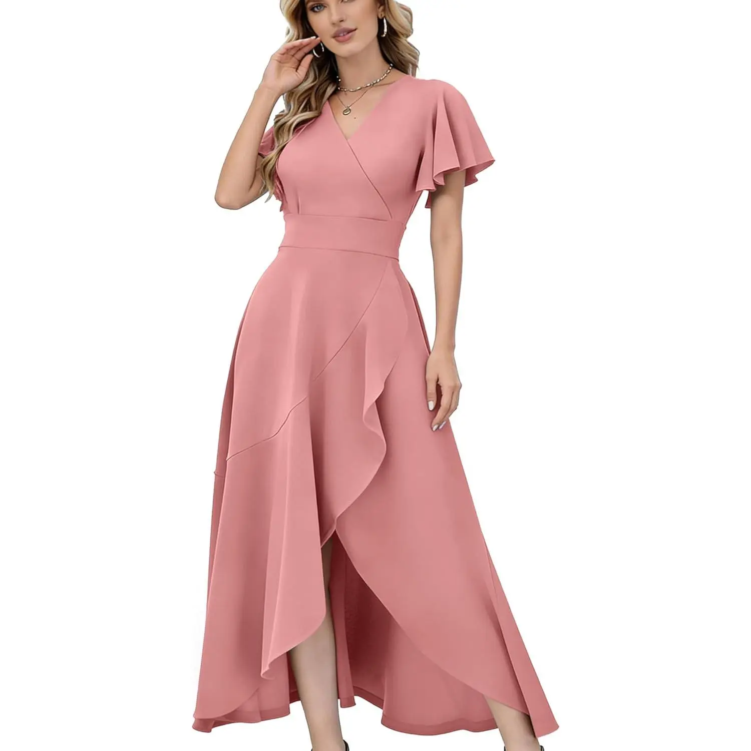 Women's Formal Flowy Prom Dresses V-Neck Ruffle Wrap Long Gown for Choir Wedding Bridesmaid Cocktail Party Dress