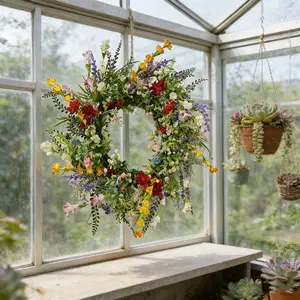Rustic Wildflower Wreath, Vibrant Mixed Flowers, Berries and Leaves, All-Season Decor, Outdoor Decorations, Perfect for Farmhouse Porch and Entrance
