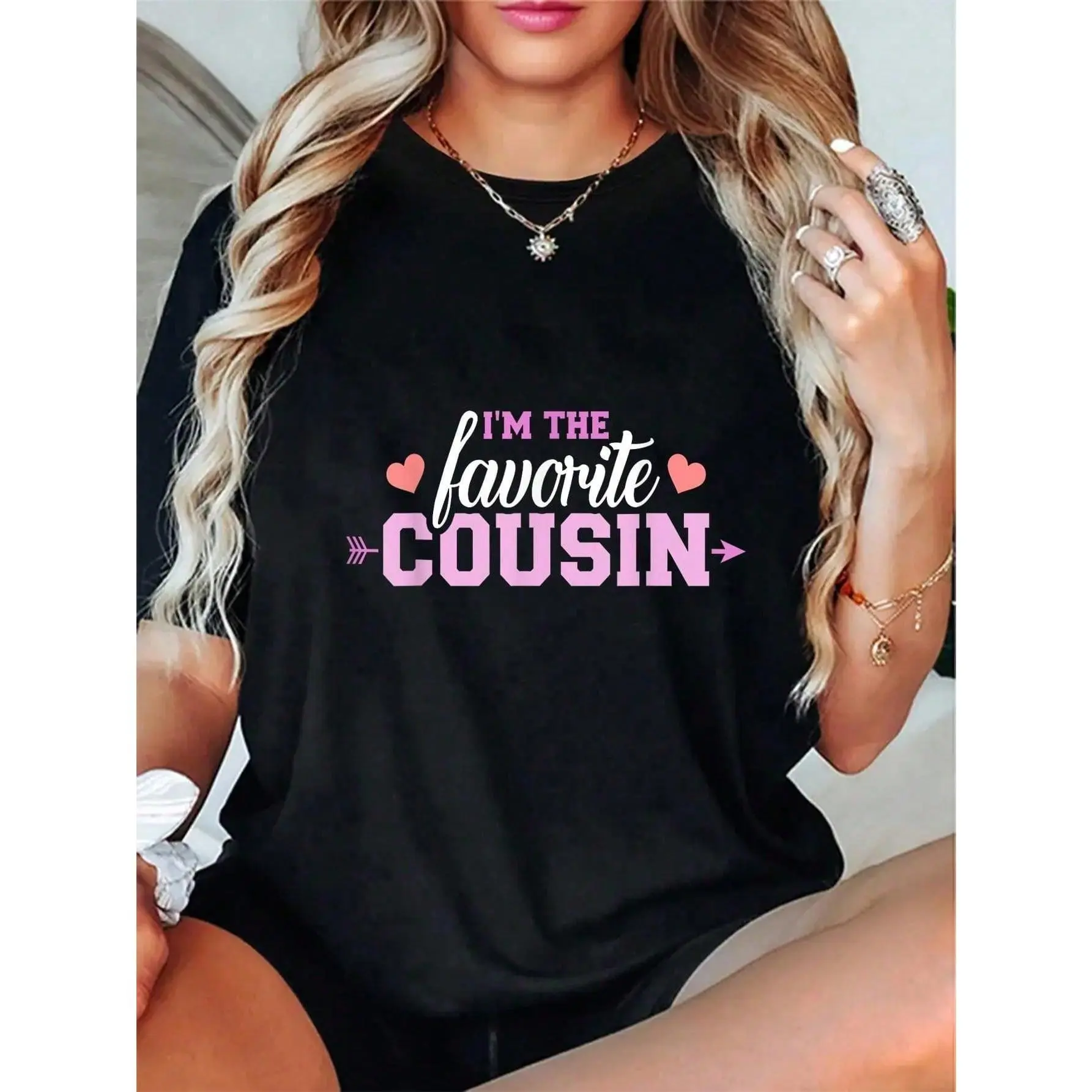 Women's 100% Cotton Short-Sleeve Knitted T-Shirt - Casual Tops, Breathable Round Neck, "I'm The Favorite Cousin" Letter Slogan, Summer Flower Print, Cousin Gifts, Women's Casual Clothes
