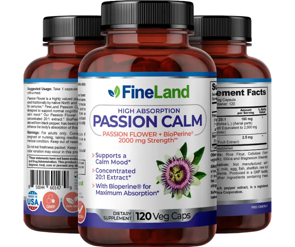 FineLand PASSION CALM Passion Flower + BioPerine  2000 mg equivalent 20:1 Extract, Supports a Calm Mood 120 Capsules / 120 Servings