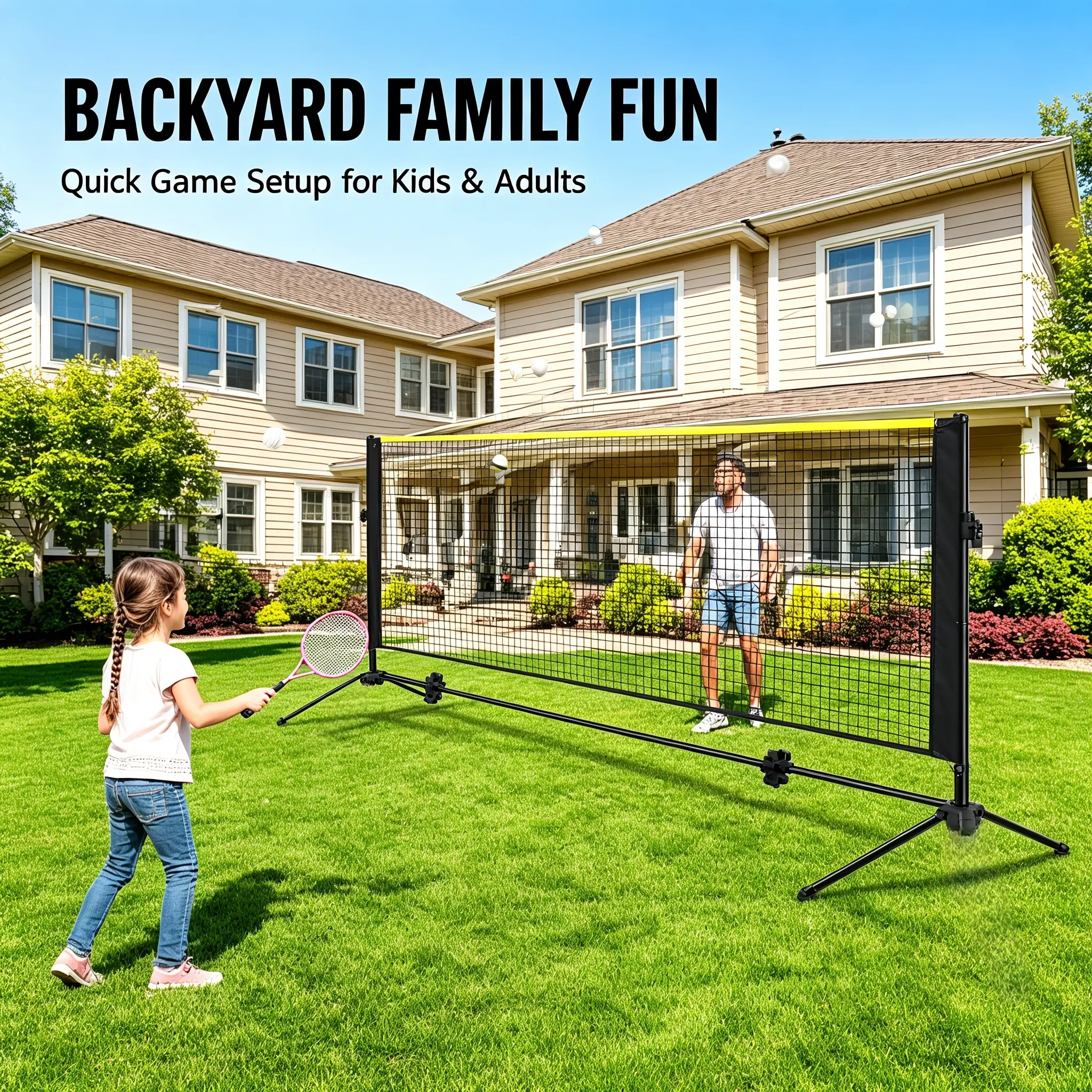 14FT Portable Multi-Sport Net Set with Poles & Carry Bag, Foldable PE Mesh Tear Resistant Badminton Net, Multi-Size 3FT-5.1FT Height for Junior Tennis/Volleyball, Ideal for Kids Outdoor Play