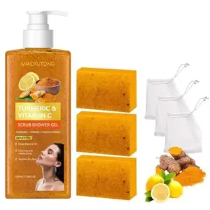 Turmeric Vitamin C Scrub Bath Shower Gel, Lemon Turmeric Set for Soft Radiant Skin, Natural Plant Ingredients, Moisturizing, Hydrating and Cleansing, Body Cleanser, Body Care, Radiance