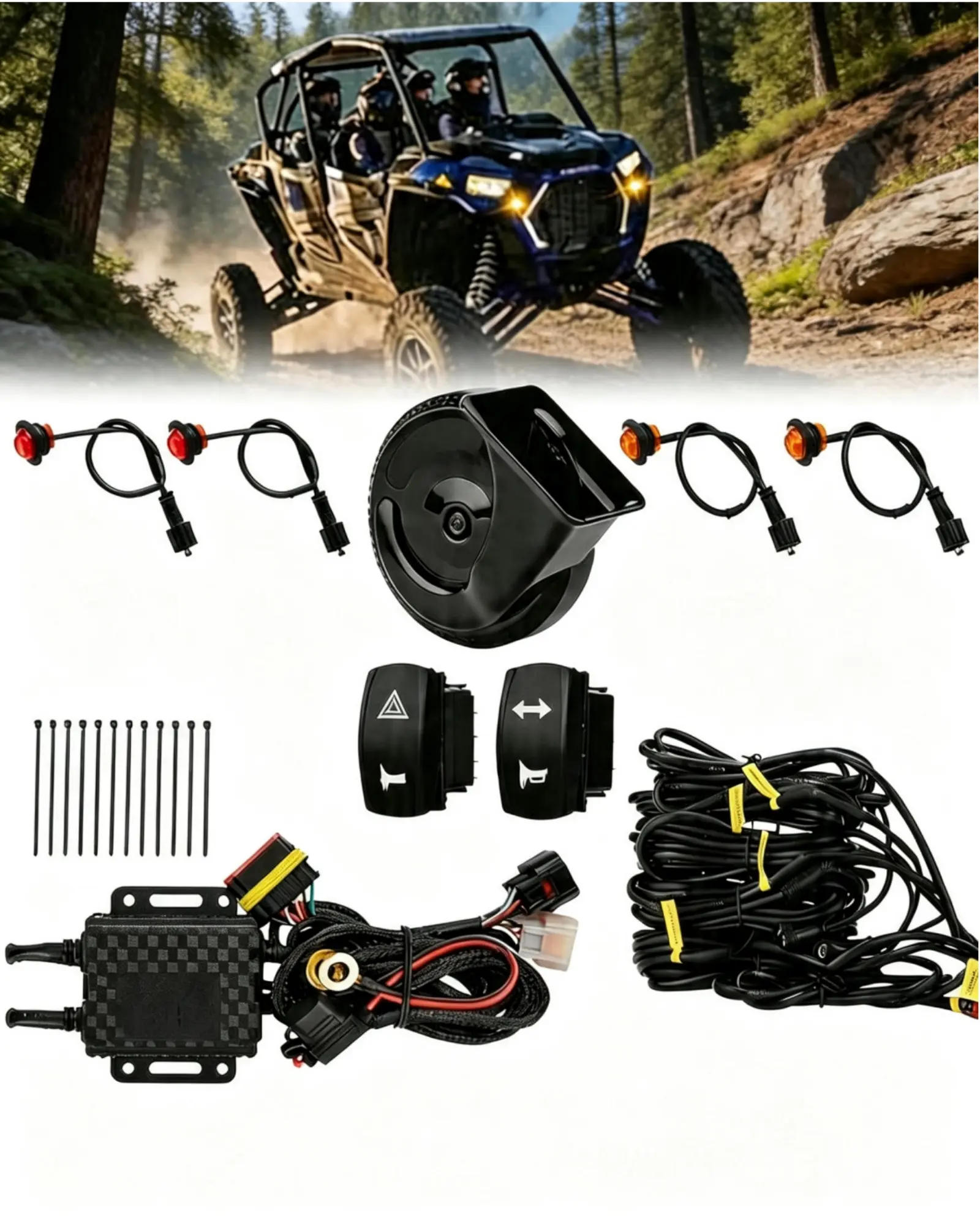 YCHOW-TECH Street Legal UTV Turn Signal Kit - Pre-Wired Plug & Play with 110D Horn, Rocker Switch, Hazard Light, Blinker Lights, Nylon Cable, Easy Installation, Universal for Polaris RZR, Can-Am
