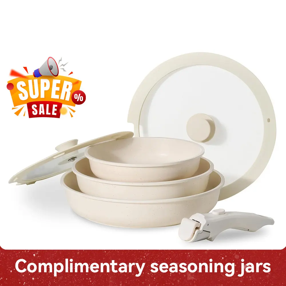 Jeetee 6pcs Frying Pan Set, Non Stick Frying Pans with Lid and Detachable Handle, Cookware Set with Removable Handle-8 Inch-9.5 Inch-11 Inch, Oven Safe, PFOA Free, Beige