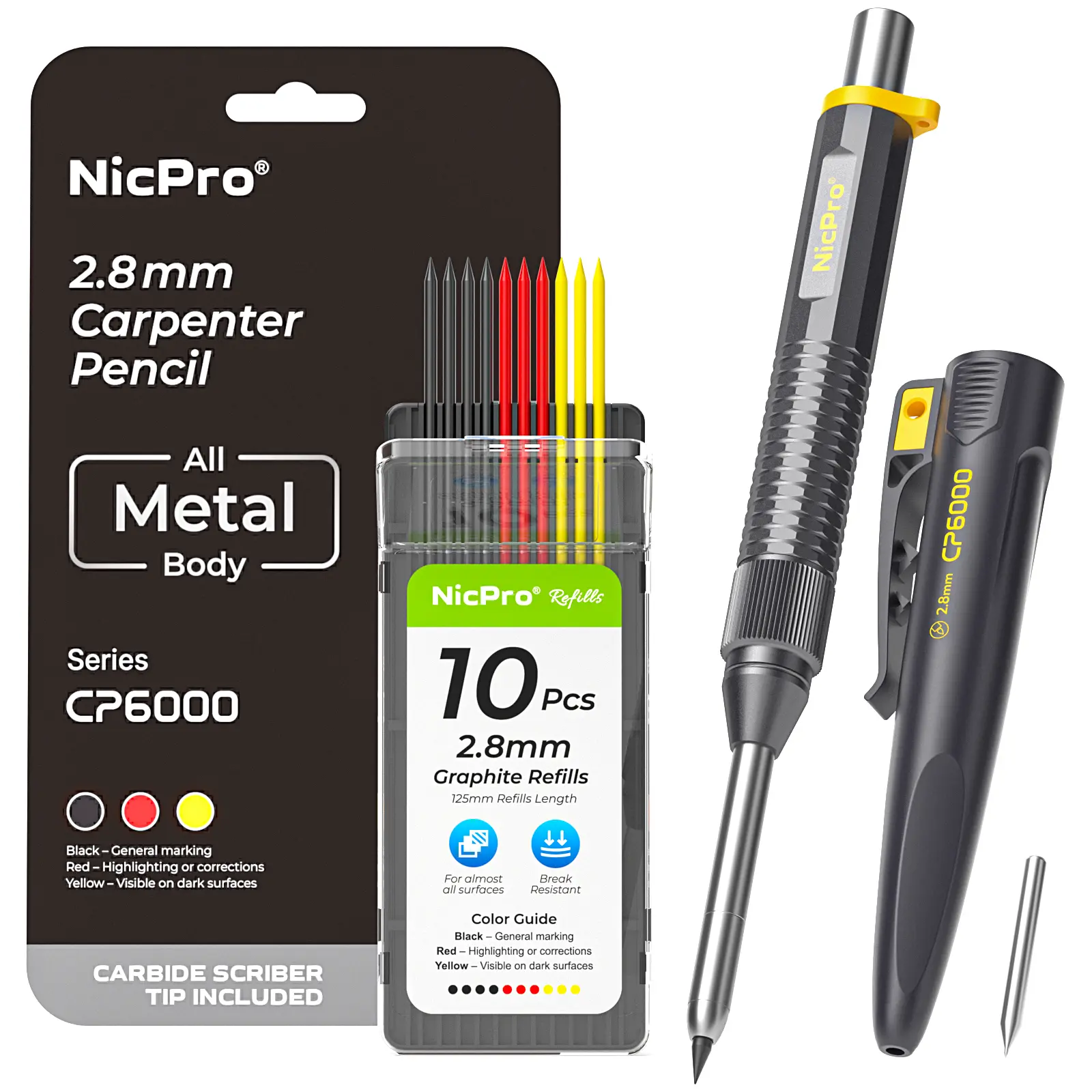Nicpro 8-IN-1 CP6000 Metal Carpenter Pencil with Sharpener & Sheath, Heavy Duty Metal Body, Deep Hole Construction Pencil +10 Refill & Carbide Scriber Tip, Durable Woodworking Pencil for Marking