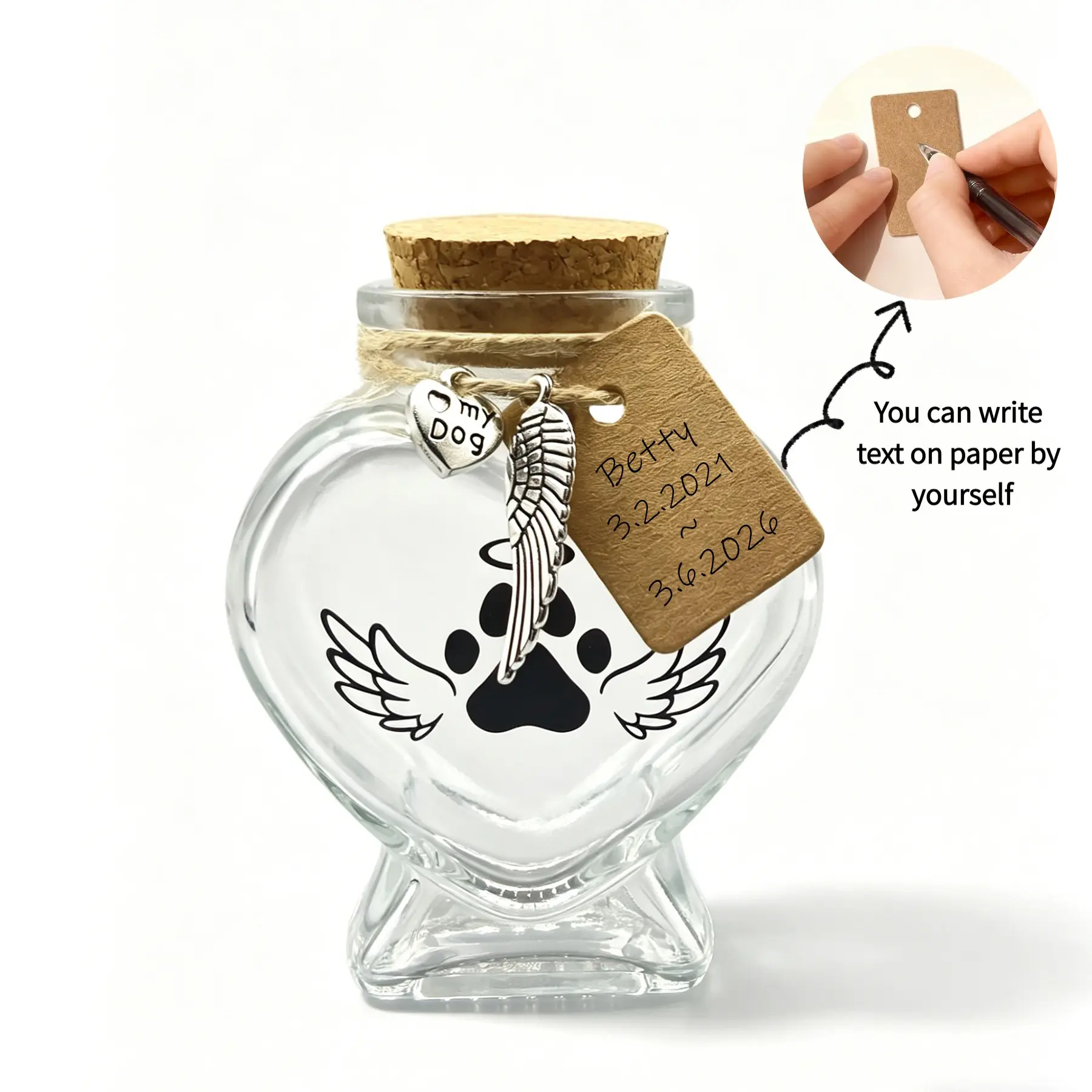 Pet Memorial Gift for Loss of Dog or Cat, Personalized Heart Shape Glass Jar & Bottle for Fur, Hair, Whiskers, Paws or Ashes Keepsake Urn with Cork Top, Charms for Cute Wing Heart