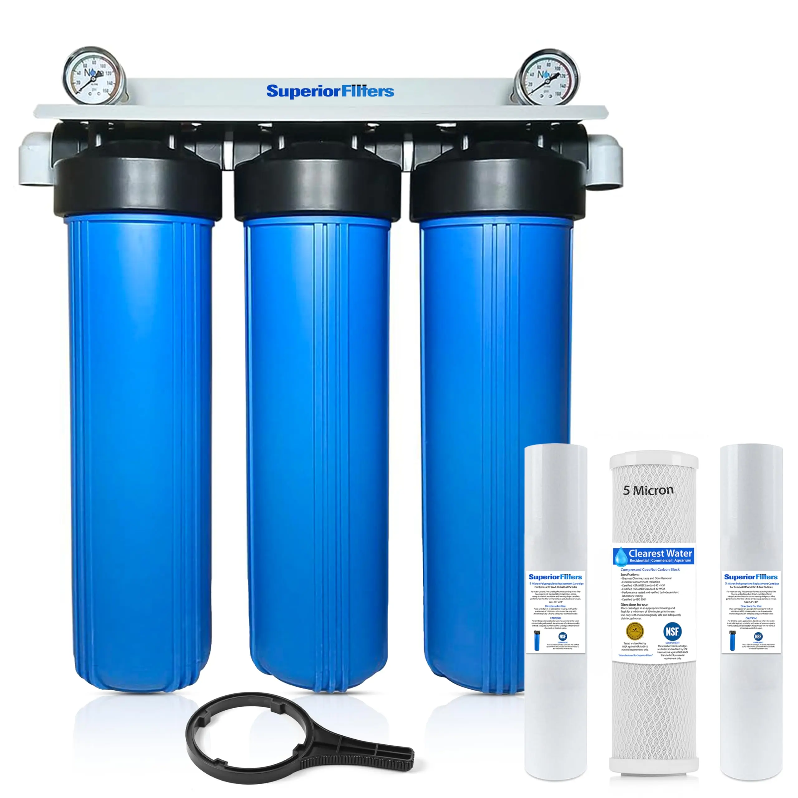 SuperiorFilters 3-Stage Whole House Water Filter System, 20" H x 4.5" NSF Certified, 3 Filters, 2 Pressure Gauges, Full Assembly for Clean Drinking Water, 3-17 Gpm, 3-Stage Water Filter System