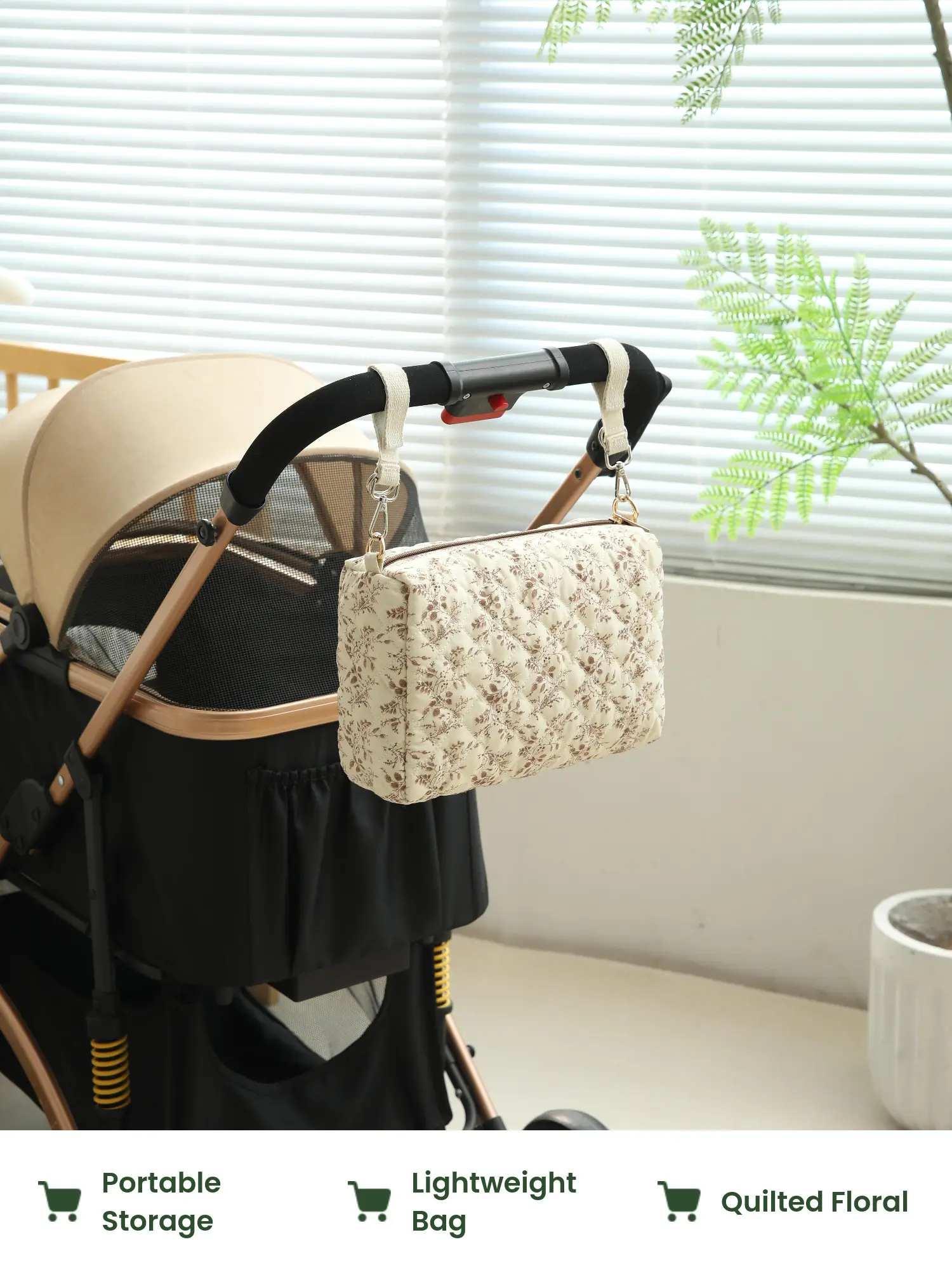 Quilted Floral Baby Stroller Organizer Bag - Lightweight, Portable Hanging Mommy Bag for Travel, Car Use, Baby Essentials Storage