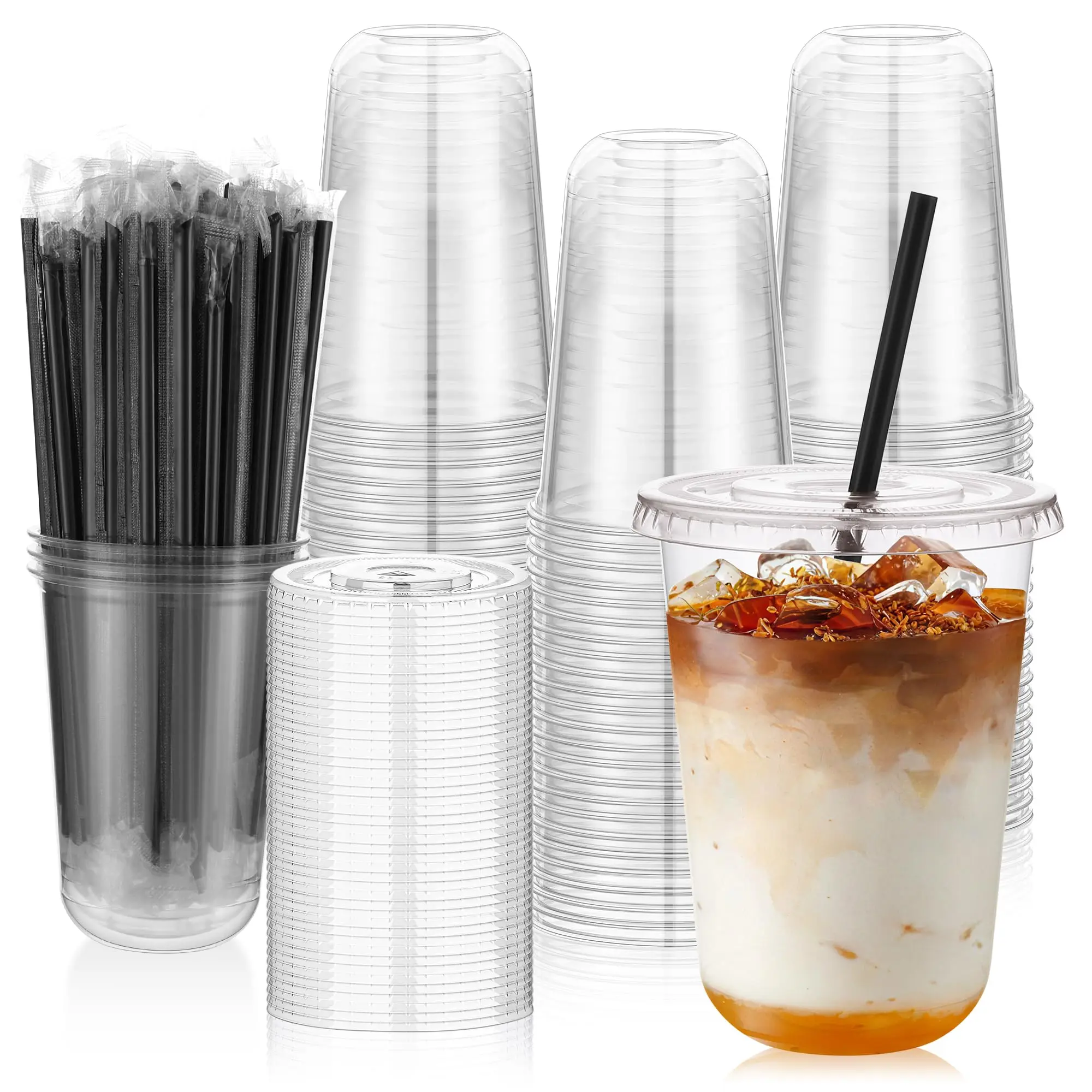 100-Pack 400ml Clear Disposable Plastic Cups (Includes Lids and Straws) Round-Bottom Coffee protein shake Cups Top Choice for Holiday Parties Stylish Coffee Cups Suitable for Any Beverage Essential #SummerWins #DealsForYouDays