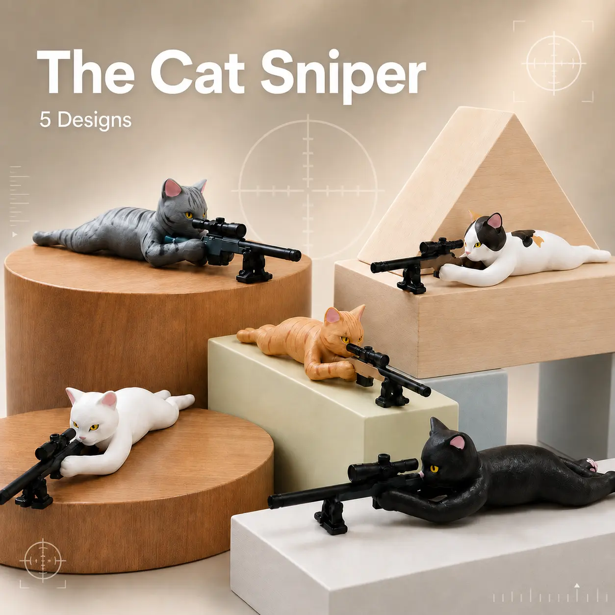 Sniper Cat Gacha Capsule, Cat Figurine Holding Sniper Rifle, Set of 5 Styles, Desktop Ornament, Car Dashboard Decor, Collectible Toy for Cat Lovers Pvc Material