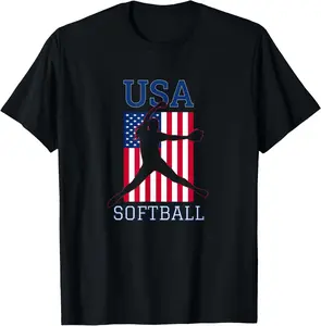 USA Womens Team Sports American Flag Girls Softball Pitcher T-Shirt Pure Cotton Graphic Tees Menswear Top: Gifts for Men & Women, Shortsleeve, Casual