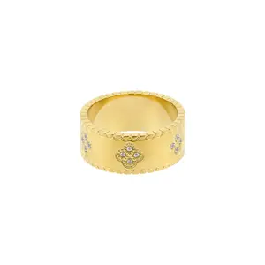 Solid Clover Band 18k Yellow Gold Plated Stainless Steel 9mm Tall 1.5mm Band with 5mm x 5mm Crystal Embellishment Tarnish & Water Resistant Adult Ring